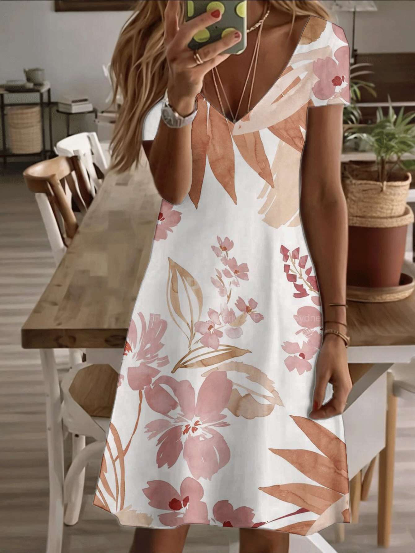 

Vneck shortsleeve midi dress tropical floral print pattern 3D highquality print durable casual fashion summer beach vacation style elegant breathable XS дубильна кора