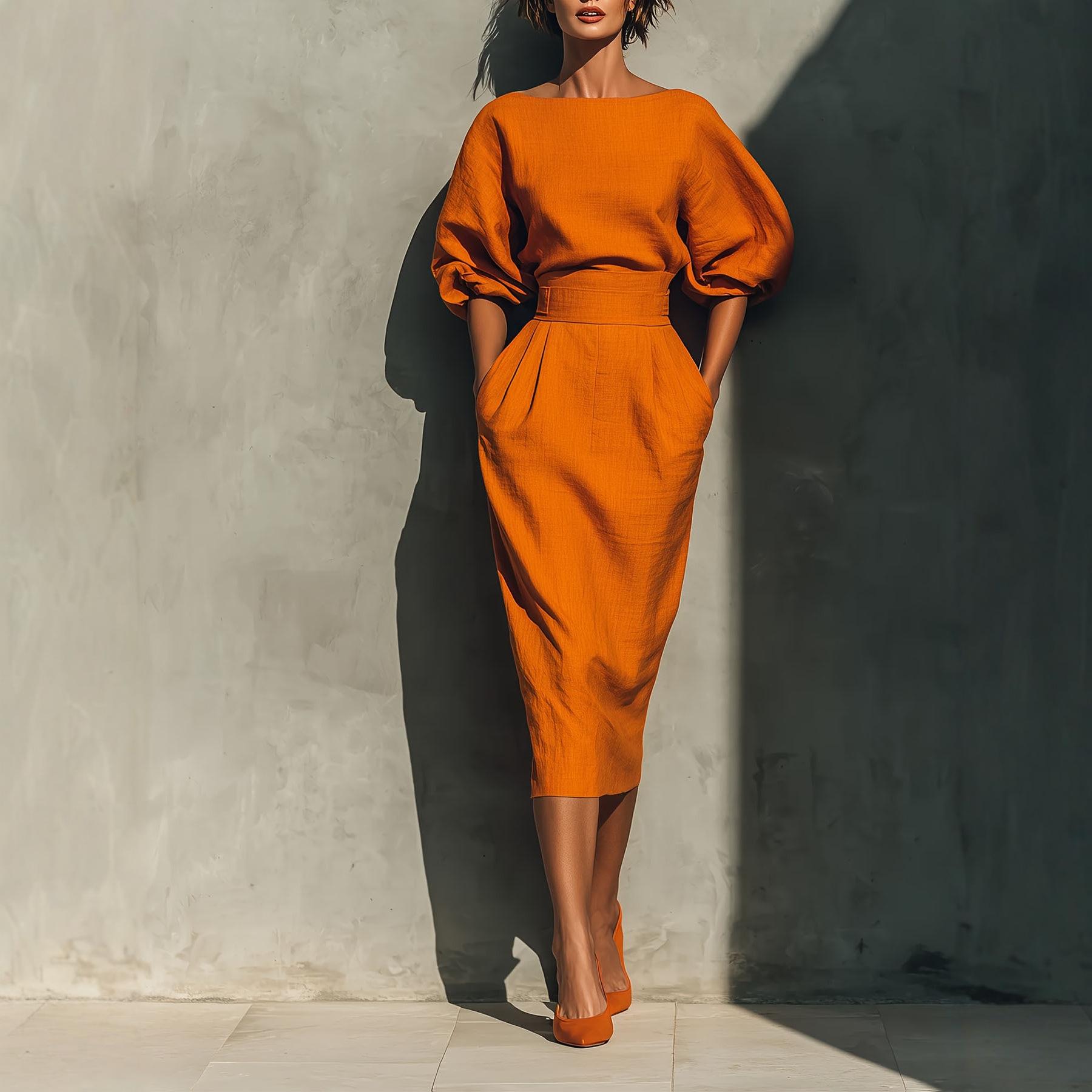 

Retro Elegance: Women s Boat Neck Puff Sleeve Top & Pleated High-Waist A-line Skirt Set for Spring/Autumn 3XL помаранчевий