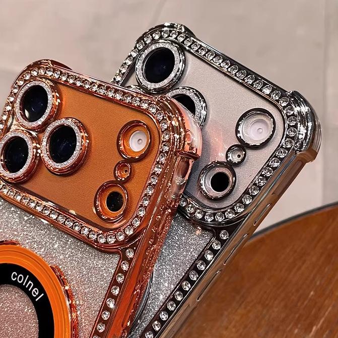 Glitter Diamond for Bracket Case for For Iphone 16 17 Pro Max 1 14 13 Camera Protector Holder Stand Bling Gradient Cover