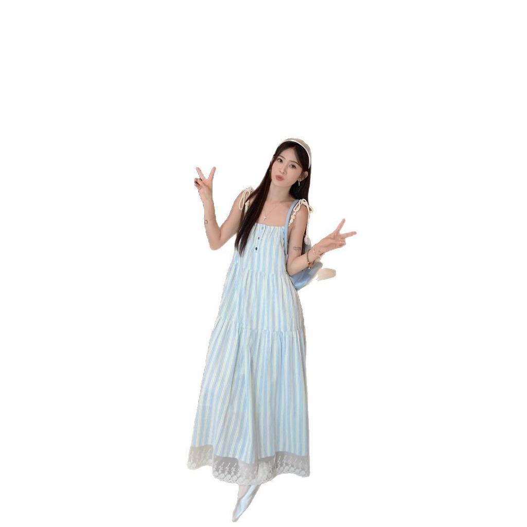 Dopamine striped suspender dress women's spring and summer romantic French sweet temperament super fairy backless seaside vacation dress