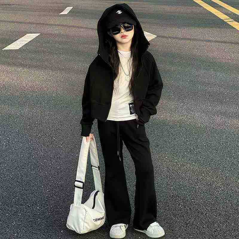 

Осень Зима Подросток Дети Девочка Детский Комплект Одежды Кроп-Топ с Капюшоном + Прямые Брюки 120 чёрный