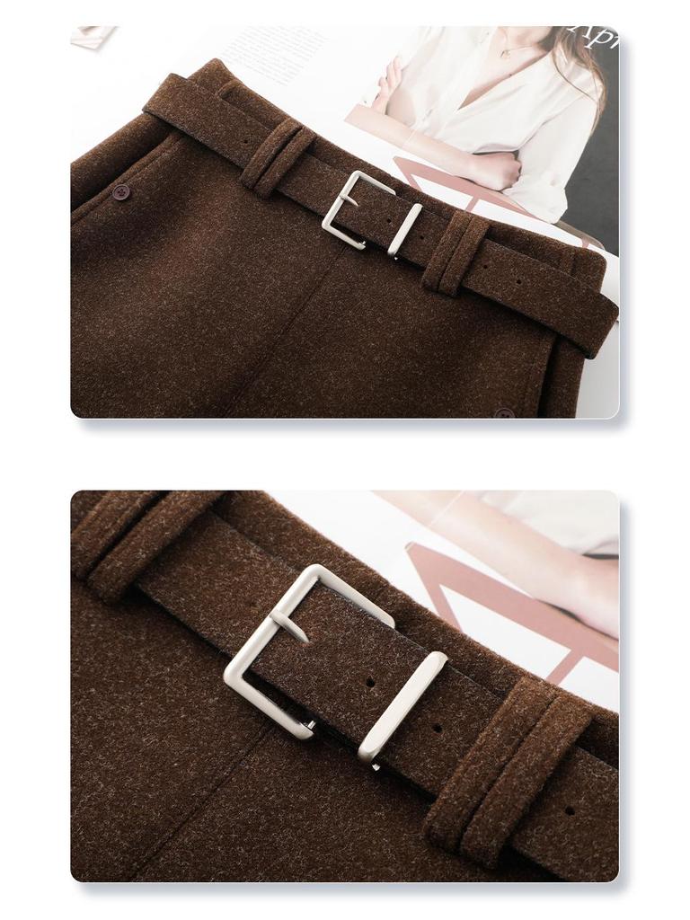 2025 Coffee Wool A-line High-waisted Slim-fitting Skirt for Petite Women’s Winter Collection
