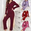 Women 2 Piece Lounge Set Ribbed Button Down Lapel Collar Bowknot Pajamas Set Long Sleeve Soft Comfy Pjs Sleepwear