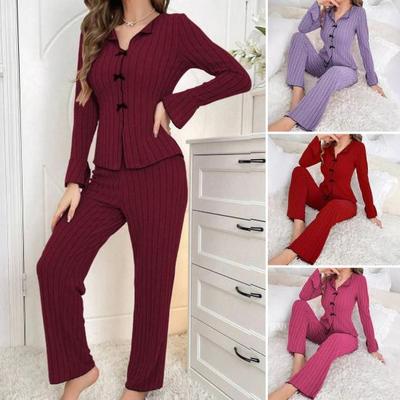 Damen 2-teiliges Lounge-Set Gerippt Knopfleiste Reverskragen Schleife Pyjama-Set Langarm Weich Bequem PJs Nachtwäsche