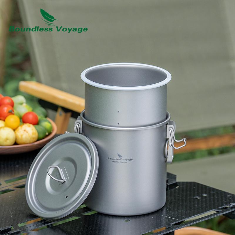 Boundless Voyage 1.4L Titanium Pot Rice Cooker Set Ultralight Camping Cookware for Outdoor, Hiking, Travelling Cooking W-Ti2093c
