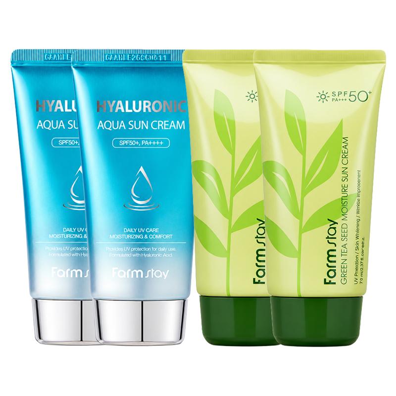 FARM STAY Yeşil Çay Çekirdeği Nemlendirici Güneş Kremi 70g & Hyaluronik Aqua Güneş Kremi SPF50+ PA++++ 70g SET (3 Seçenek)