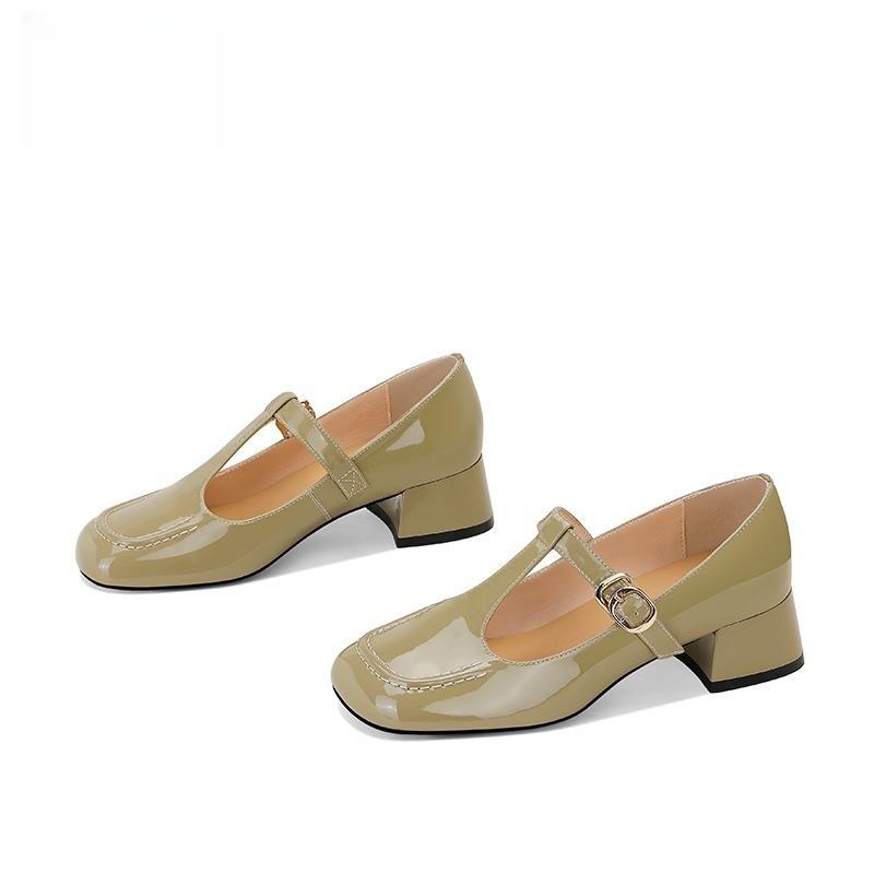 

2025 new one-word buckle leather women s shoes versatile light mouth middle heel shoes children thick heel Mary Jane women s autumn shoes 34
