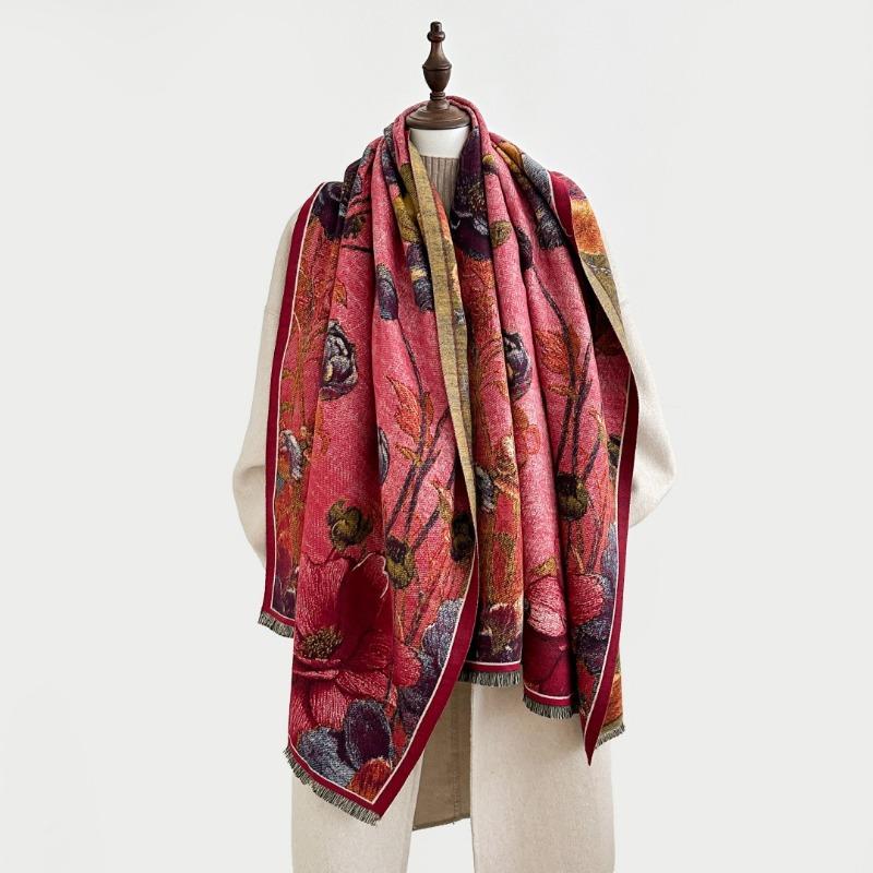 New retro oil painting scarf women's high-end sense autumn imitation cashmere jacquard warm scarf women give mother shawl