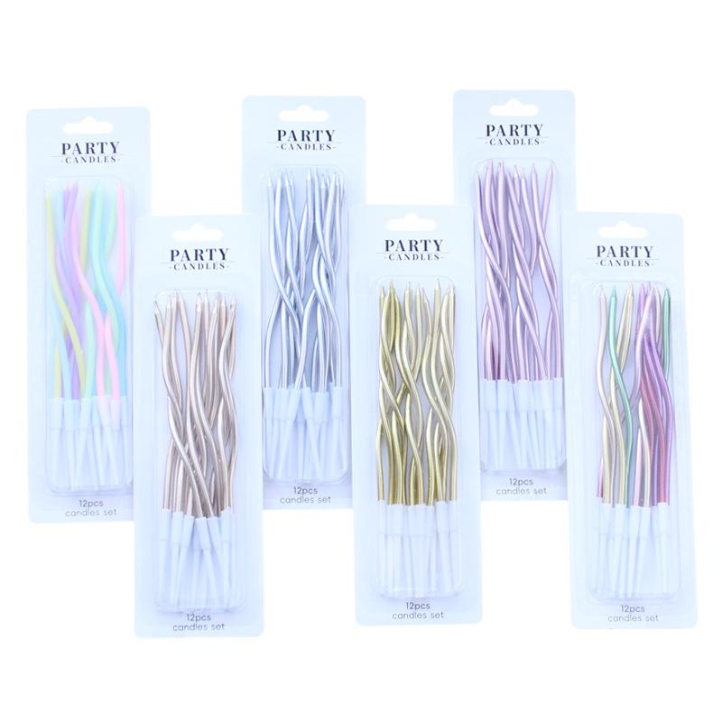 Birthday Cake Curve Multi-Color Candles Gold Plated Silver 12-Piece Suction Card Packed Spiral Colorful Candles