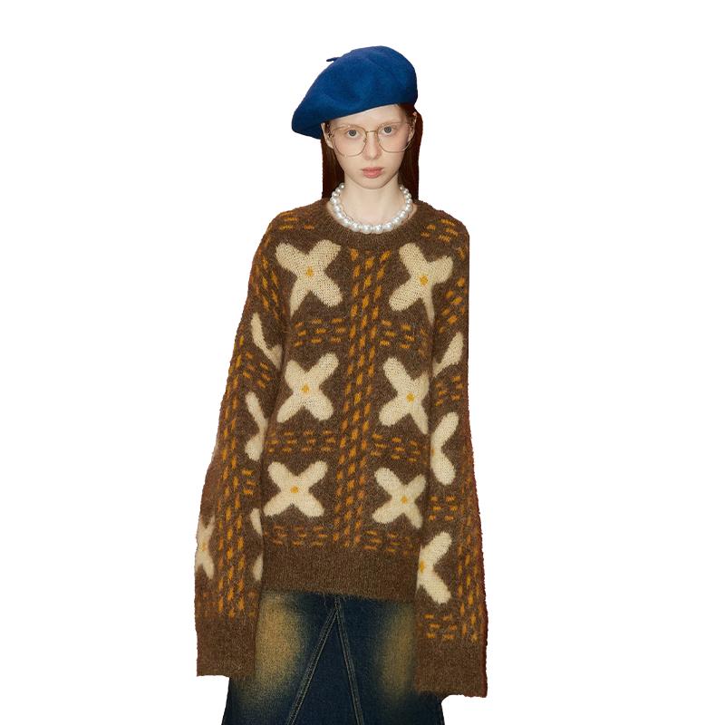 GREEN BELT Retro Color-block Loose Knit Sweater M