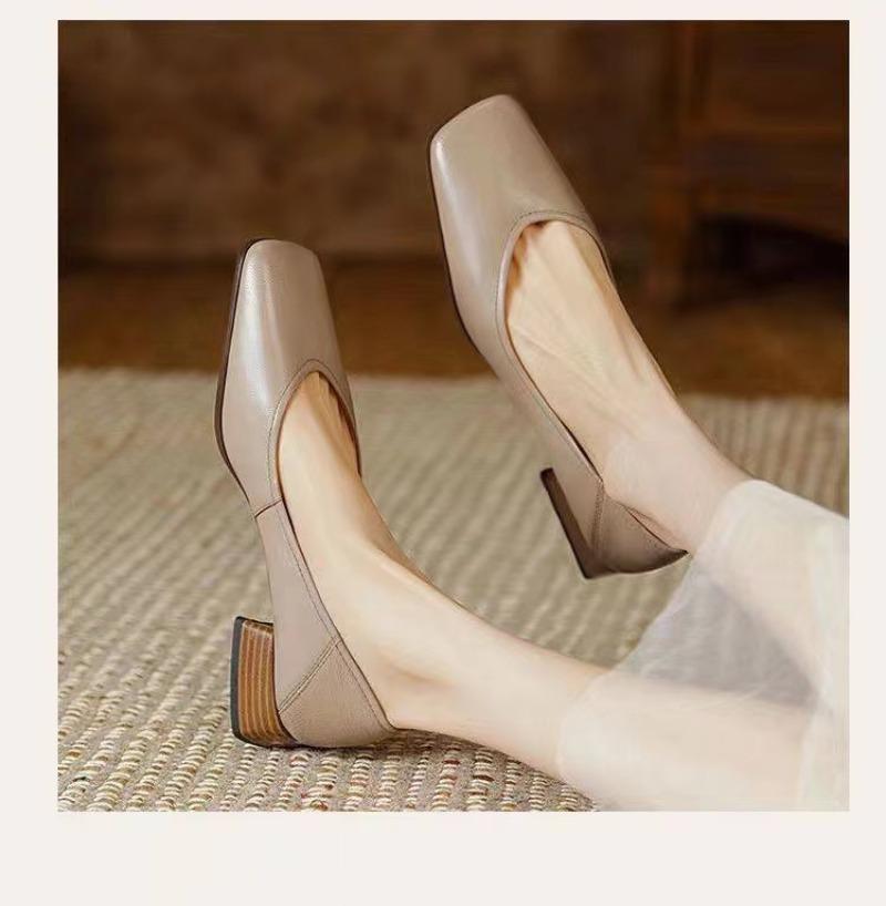 Fashion Shallow Women Low Heels Shoes 2024 New Brand Trend Elegant Square Toe Pumps Chunky Leather Mature Office Dress Zapatillas Mujer
