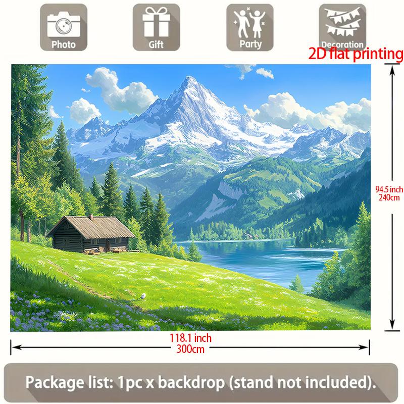2D Plane, Large Mountain Lake Scenery Party Banner - Self-adhesive Background, Snow Peaks, Cabins and Grassland
