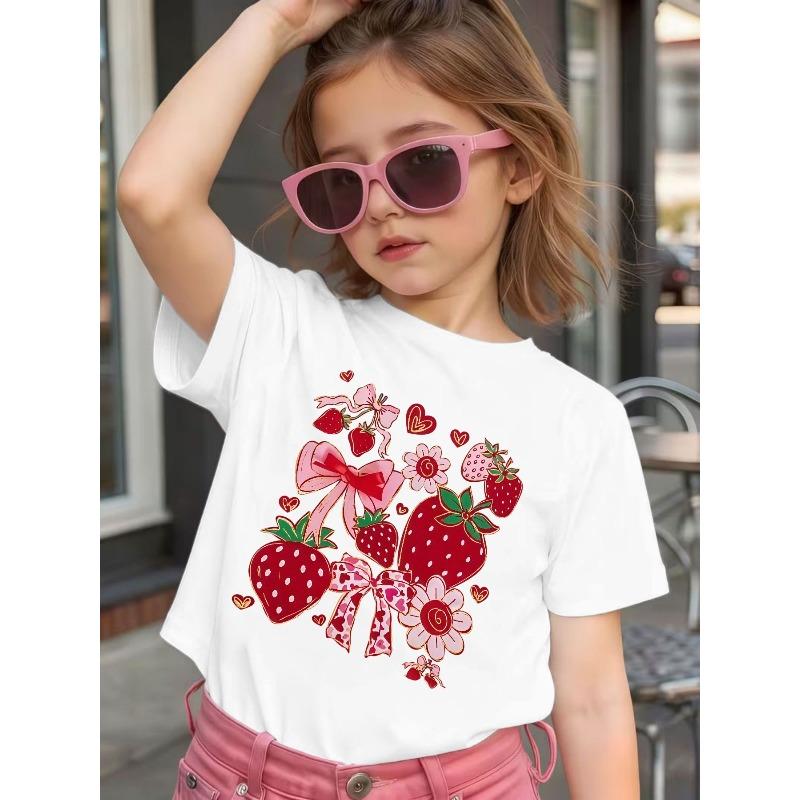 Girls Crewneck Short Sleeve Tee, Black Base Cute Strawberry Bow Heart Floral Print 110 белый