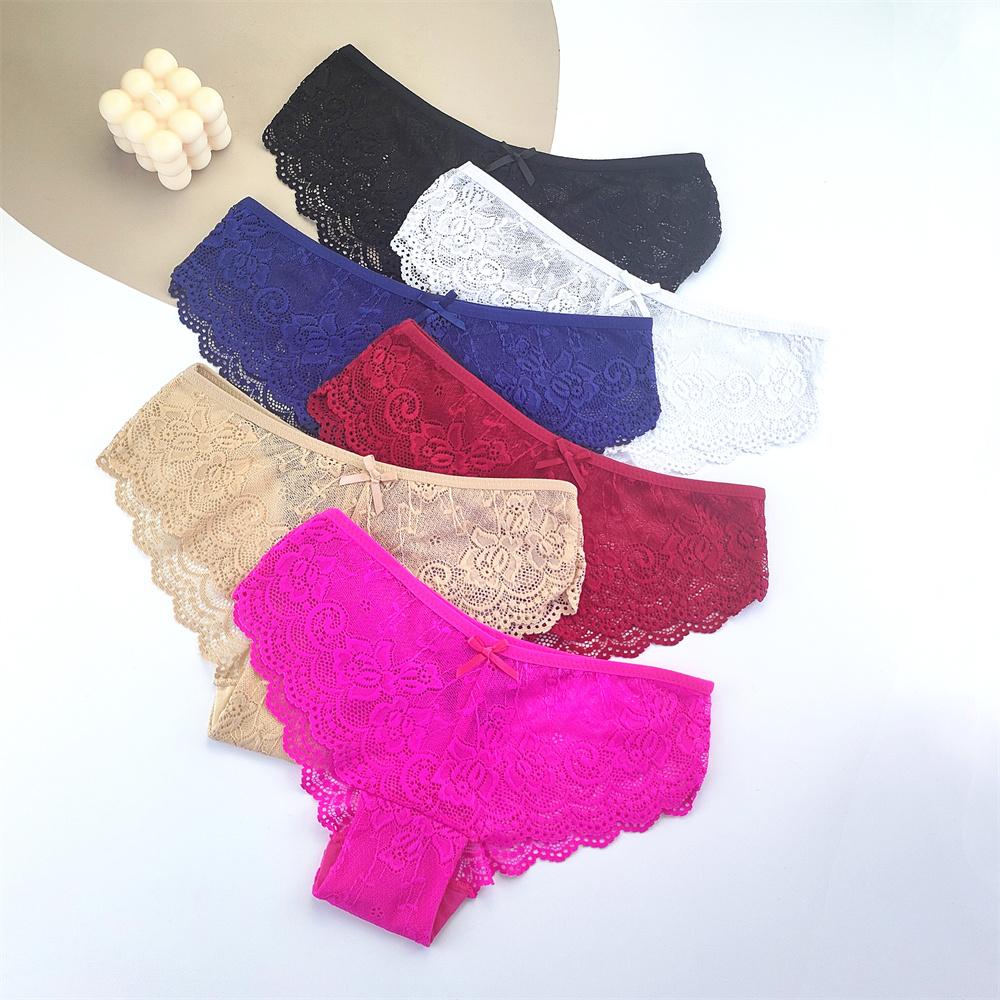 6Pcs/Pack Sexy Women Hollow Out Lace Briefs Lady Perspective Panties Underwear Plus Size M L XL XXL Bow Lingerie