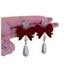 Long Ankara Red Bow Flocking Stud Earrings Women'S Light Luxury High-End Fashion Versatile Earrings Fringed Ears