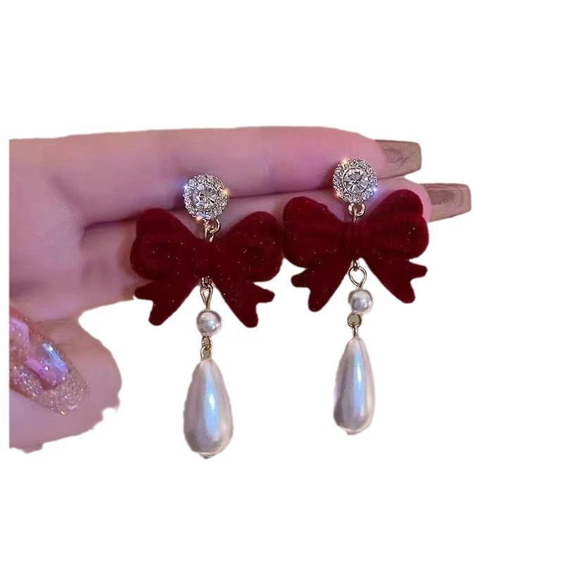 Long Ankara Red Bow Flocking Stud Earrings Women'S Light Luxury High-End Fashion Versatile Earrings Fringed Ears