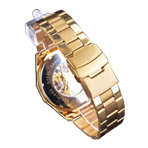 Forsining Men's Mechanical Watch with Golden Stainless Steel Skeleton, Transparent and Waterproof