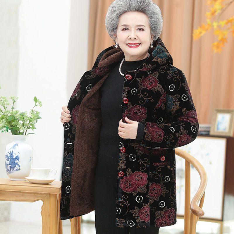Winterjacke für ältere Damen, 5XL, warme Oberbekleidung für ältere Menschen, dicke warme Parkas mit Samtkapuze, Oma-Parka