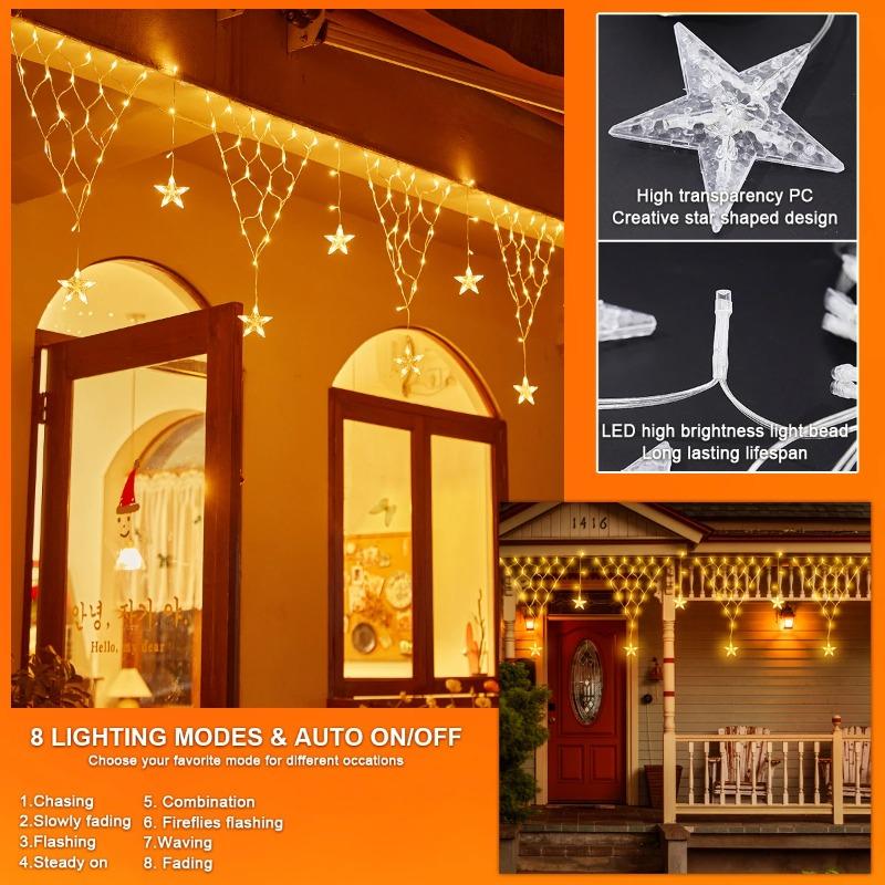 Outdoor Solar Icicle Pentagram String Lights 8 Lighting Modes Waterproof for New Year Christmas Garden Patio Staircase Holiday Decorative Lamps