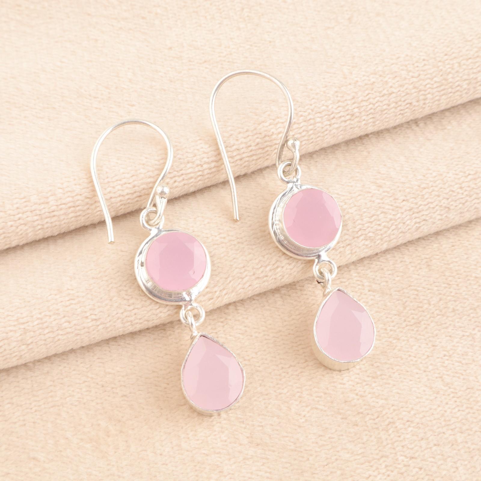 

Натуральный розовый халцедон стерлинговое серебро этнические новые висячие серьги в стиле ар-деко EE-142-15