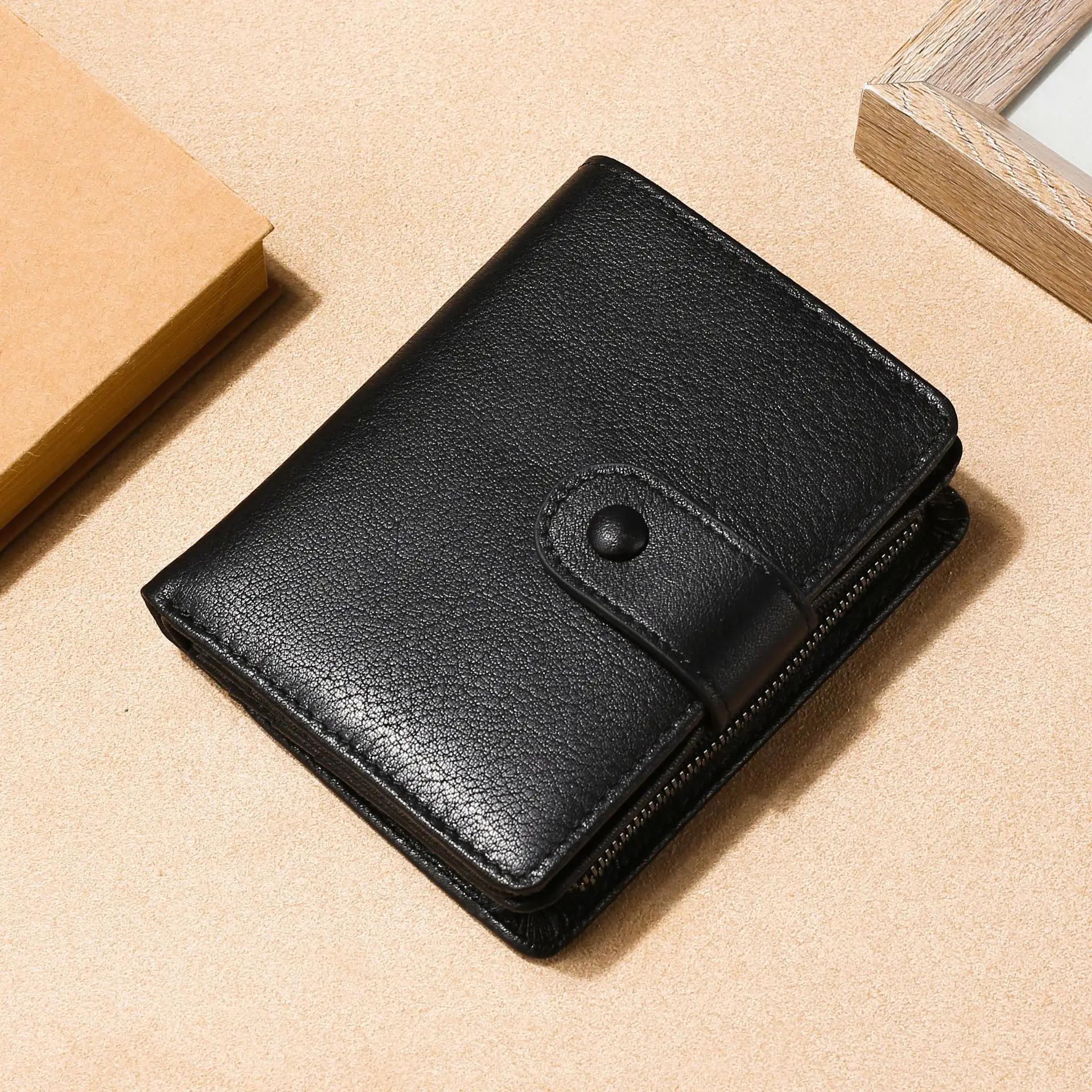 

Мужской кошелек из натуральной кожи, повседневный, короткий, мужской, на застежке, винтажный кошелек, многофункциональный карман для карт чёрный