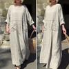 Women Long-sleeve Dress Loose Fit Solid Color Long Dress with Pockets Retro Style Round Neck A-line Splicing Dress for Office Daily Life Beach Party