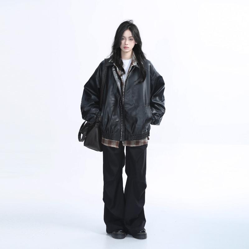Retro Damenmode Reißverschluss Kunstlederjacke Frühling Herbst Damen Langarm Ledermantel Damen PU Leder Oberbekleidung