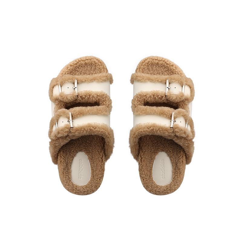 

Sister Warm Department~ One-word buckle lamb wool piled thick-bottomed fluffy slippers outer wear women 35 молочный белый