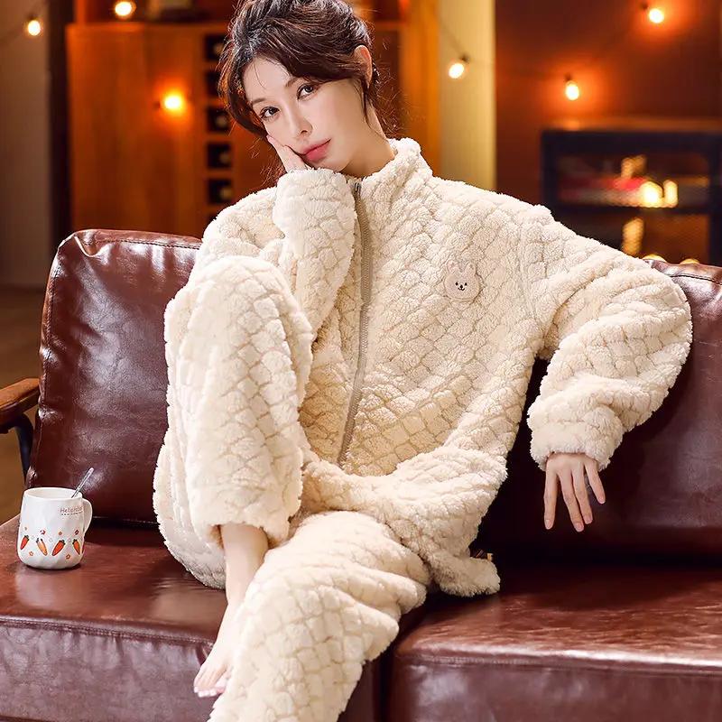 Winter Pajamas Ladies Coral Velvet Flannel Thickened Plus Sleepwear Women Household Clothing Set Famale Zipper Suit Outsidewear