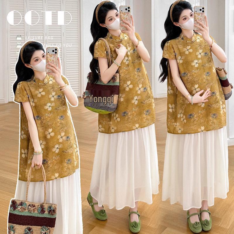 

Stylish Summer Faux Two-Piece Chinese Dress for Moms M