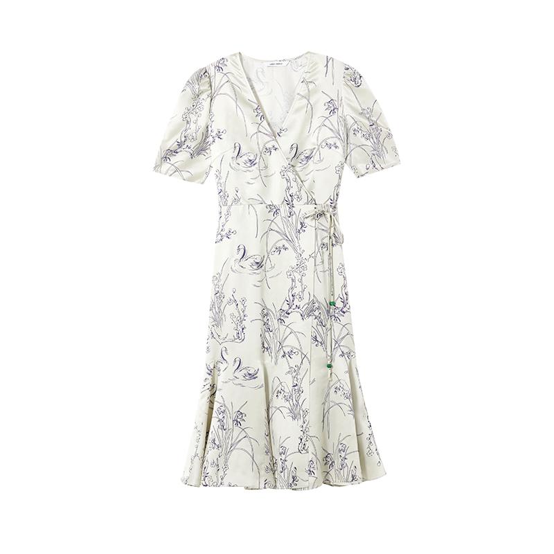 Langzi V-Neck Jacquard Puff Sleeve Midi Dress