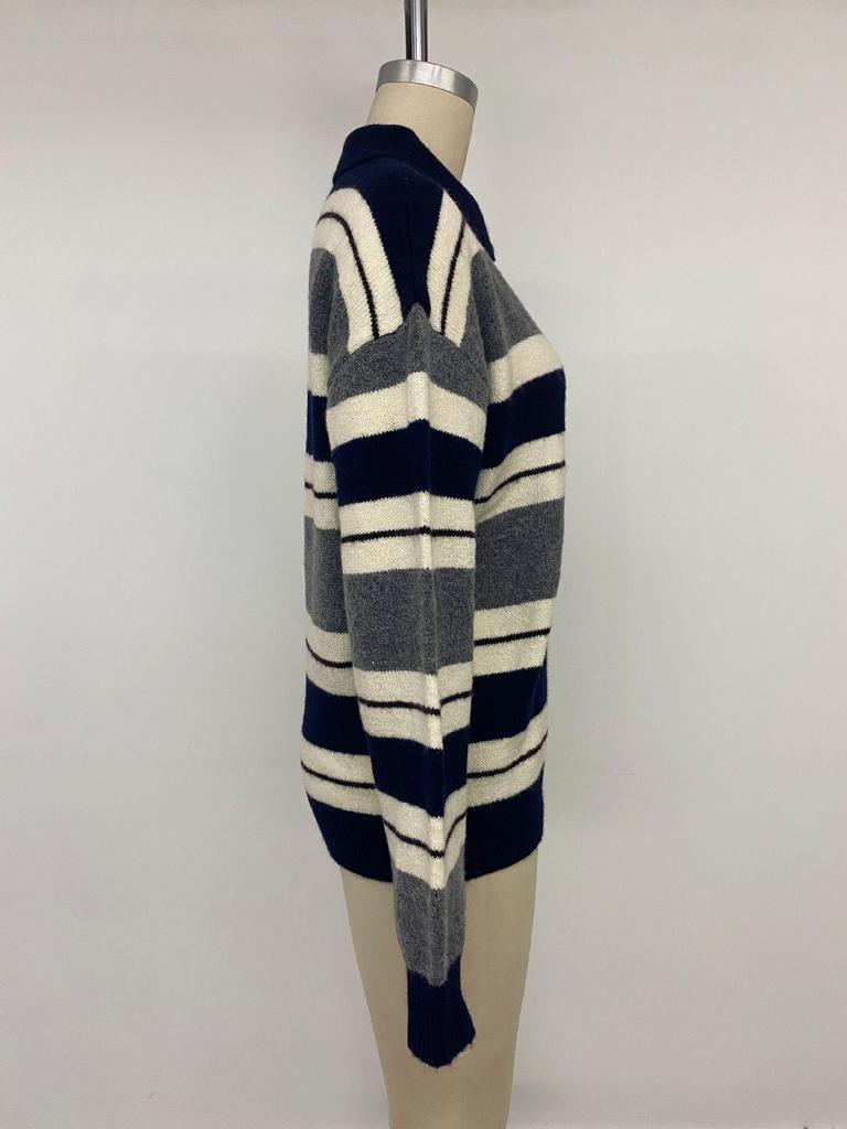 2026 Autumn/Winter Loose Striped Long Sleeve Color Block Sweater with Lapel