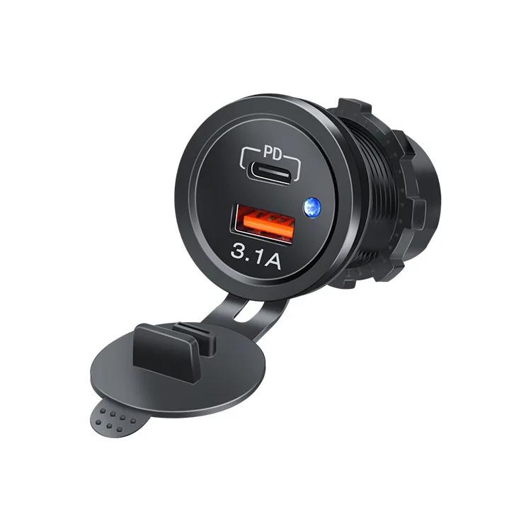 PD 3.1A Dual USB Charger with LED Light Motorcycle Car Charger Power Socket Cigarette Lighter Waterproof for Car Truck ATV Boat