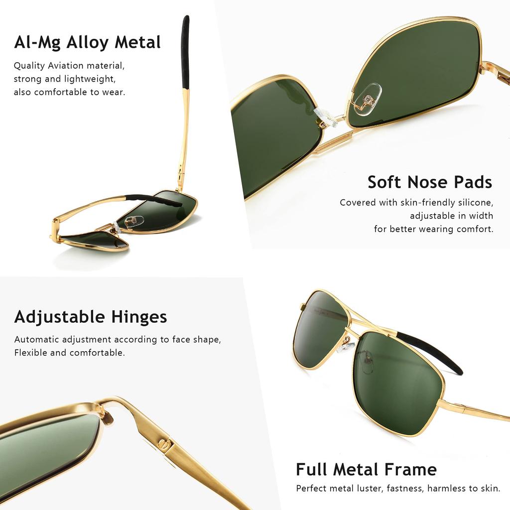 SUNGAIT Polarized Square Aviator Sunglasses with Durable Metal Perfect for and UV Protection Metal SGT925JMLV JP Men's Frame, Fishing, Driving, Golf,