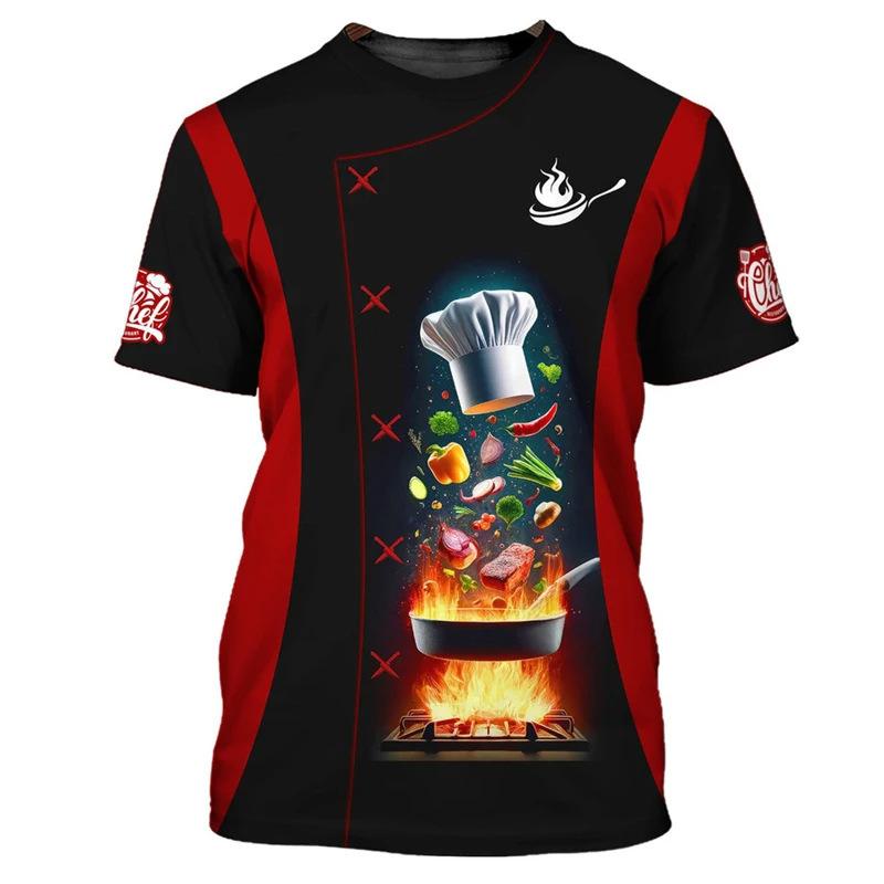 Chef Workwear 3D Printed Cooking Graphic T Shirts Chef Uniform Short Sleeved Harajuku Chef Fashionable Round Neck Top for Men