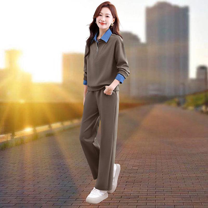 

Женский весенний двухпредметный костюм с цветовыми блоками и лацканами: Толстовка и спортивные штаны - Повседневная спортивная одежда для мам 2XL (approx. 62-70 kg) армия зеленый