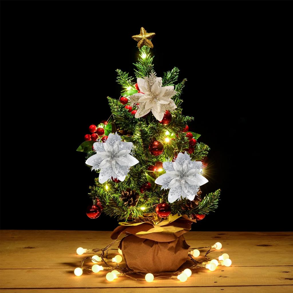 5pcs Glitter Pink Christmas Flowers Xmas Tree 14cm Artifical Flower Ornaments 2025 Merry Christmas Decoration For Home New Year