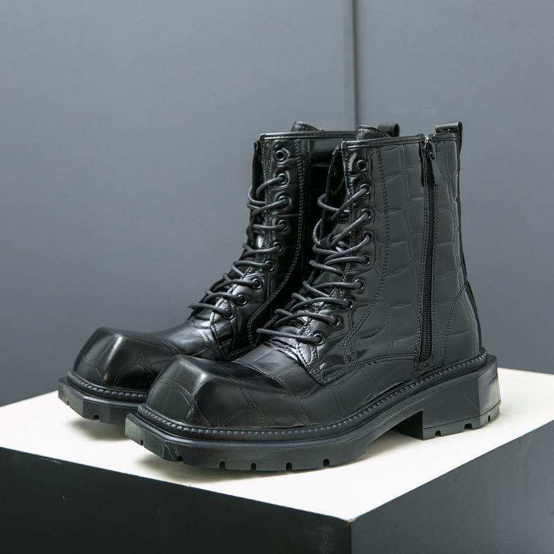 

Large size Martin boots men s autumn high-top recreational locomotive combat tooling shoes trendy brand heightening big head leather boots 38 чёрный