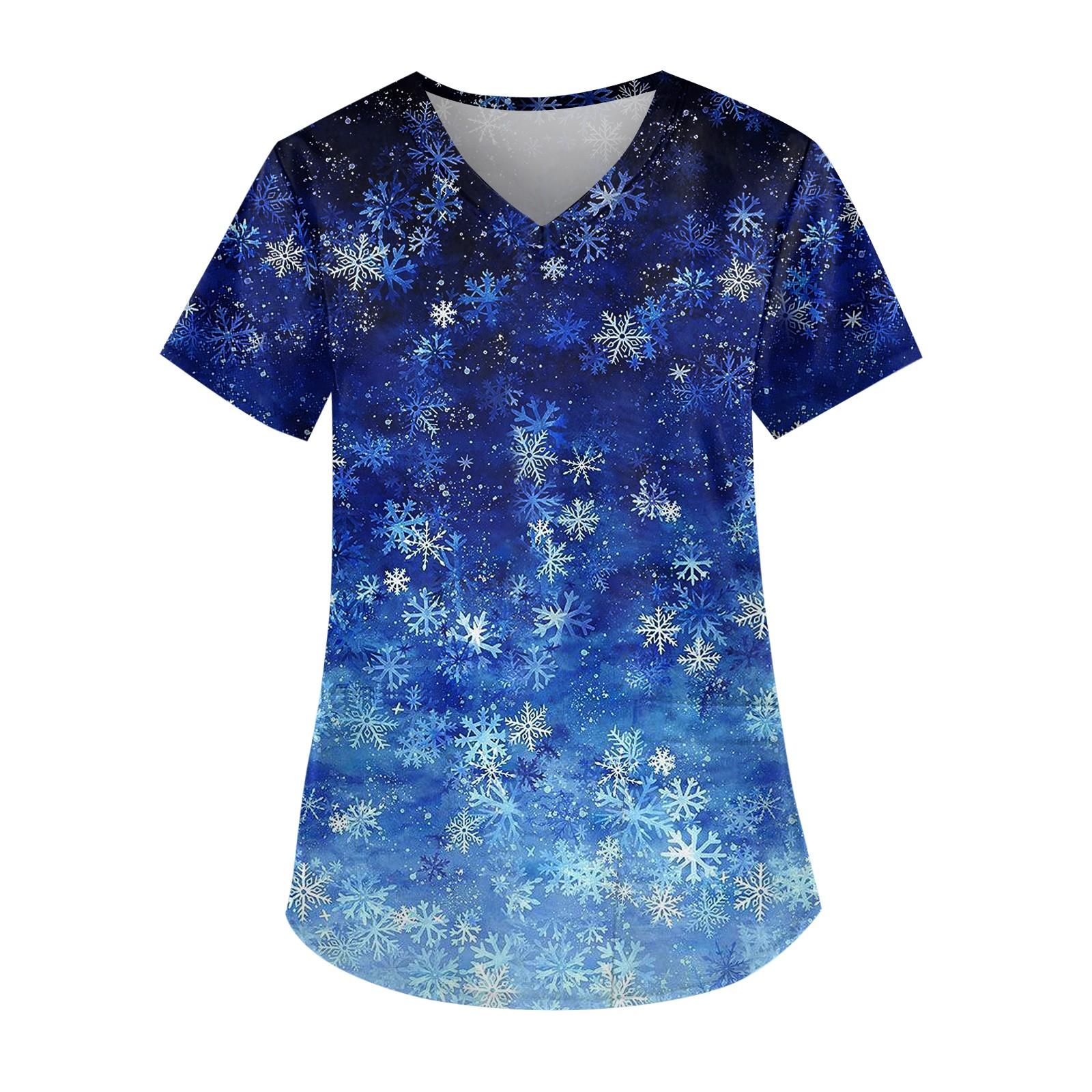 

Женская симпатичная рабочая одежда с принтом, V-образным вырезом, двухслойными карманами, базовым коротким рукавом, пуловером на Рождество L синий