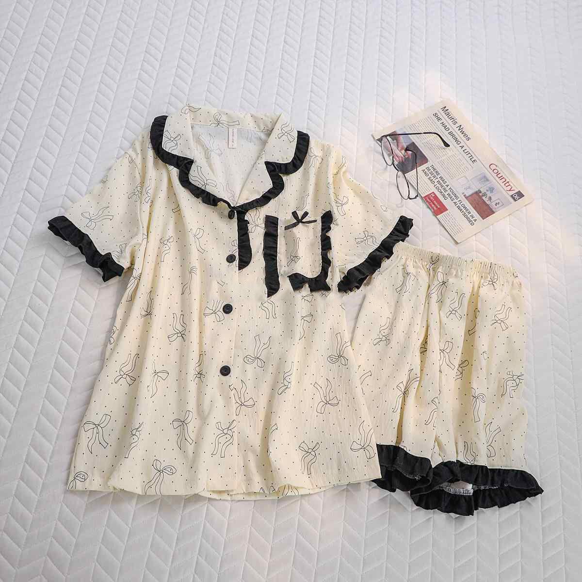 

Summer can wear polka dot bow pajamas women s short-sleeved shorts cardigan set girl high-end loungewear S