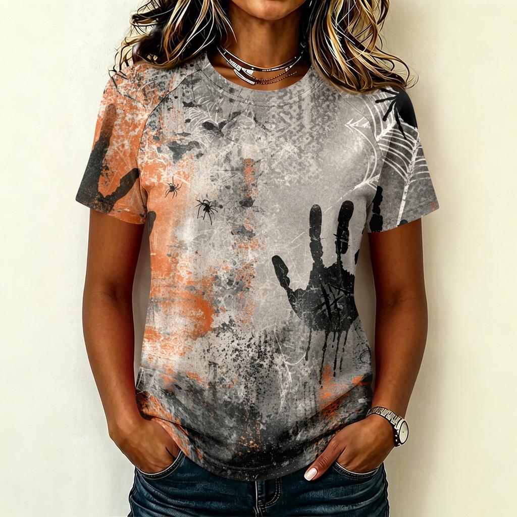 Camiseta Ligera Informal para Mujer con Mangas Raglán, Cuello Redondo y Manga Corta, Estampado Gráfico Temático de Halloween