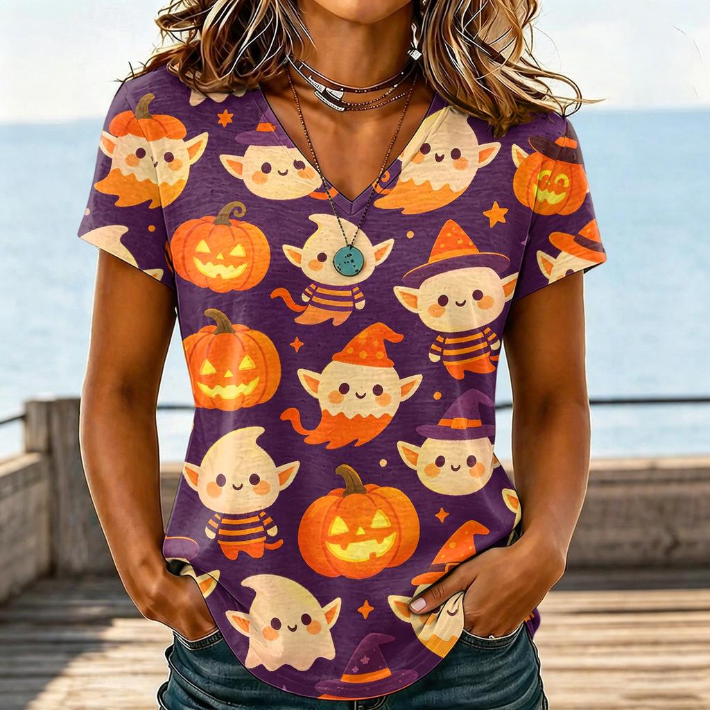 Women's Casual V-Neck Halloween Printed T-Shirt for Party Costume