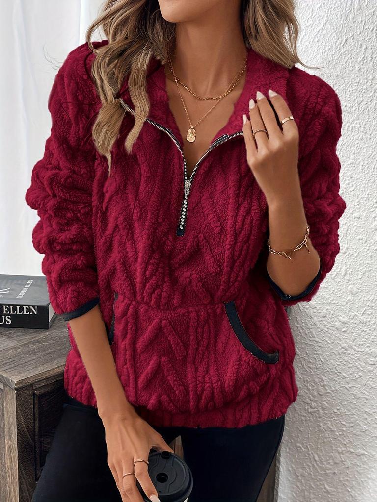 2025 Autumn/Winter European & American Lapel Jacquard Half-Zip Plush Pocket Short Sweatshirt