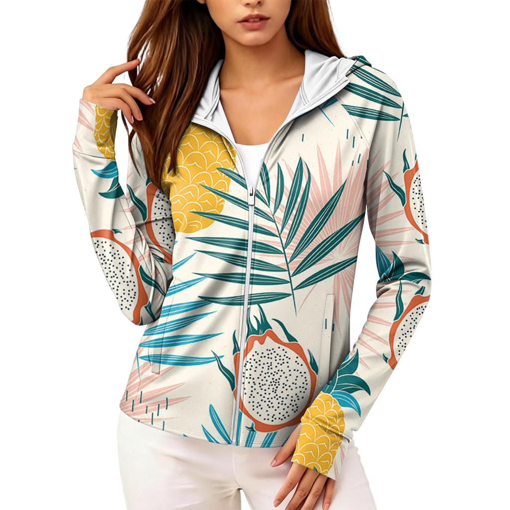 Women’s Zip Up Hooded Sun Jacket with Pockets Long Sleeve Lightweight Outerwear Tropical Print Design