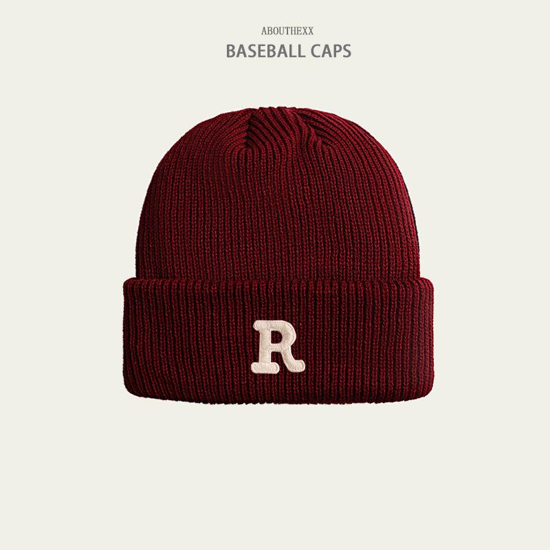 Hats for Women's Autumn and Winter New Warm Knitted Hat Korean Version Versatile R Letter Wool Hat Couple Head Hat Men's Trend