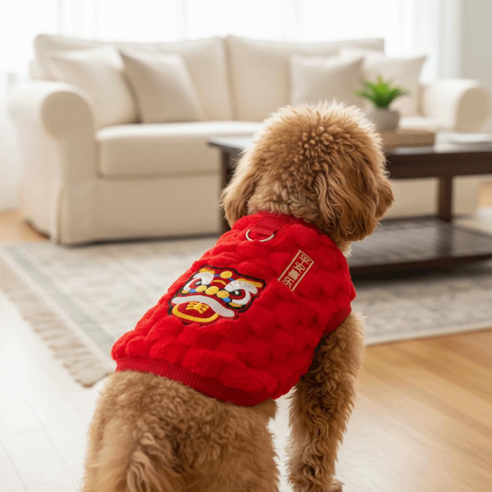 Festive Warm Dancing Lion Cat Coat Fluffy Embroidered New Year Pet Vest Red Soft Winter Dog Jacket Puppy Dogs