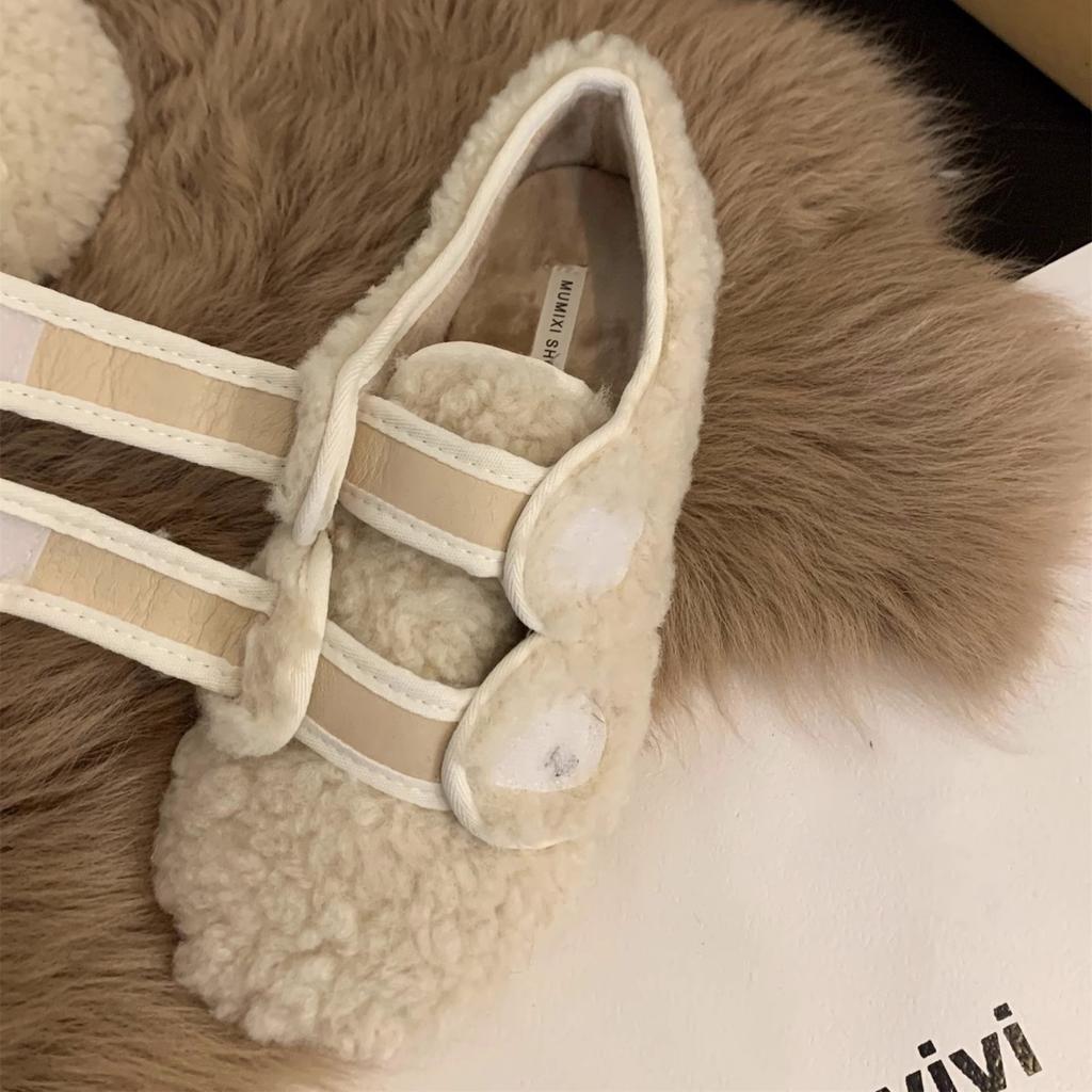 Flat Bottom Versatile White Fluffy Cotton Shoes Women's Shoes Wear 2025 New Autumn and Winter Plush Doudou Plush Single Shoes