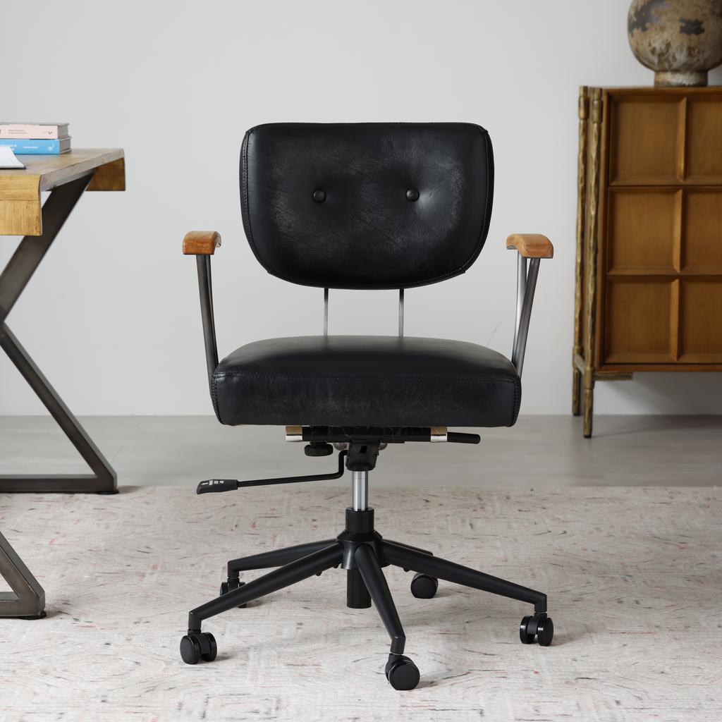 Home Office Schreibtischstuhl, Ergonomischer Ledersessel für den Computer mit Rollen und Eichenholz-Armlehnen, Höhenverstellbarer Drehstuhl für Führungskräfte