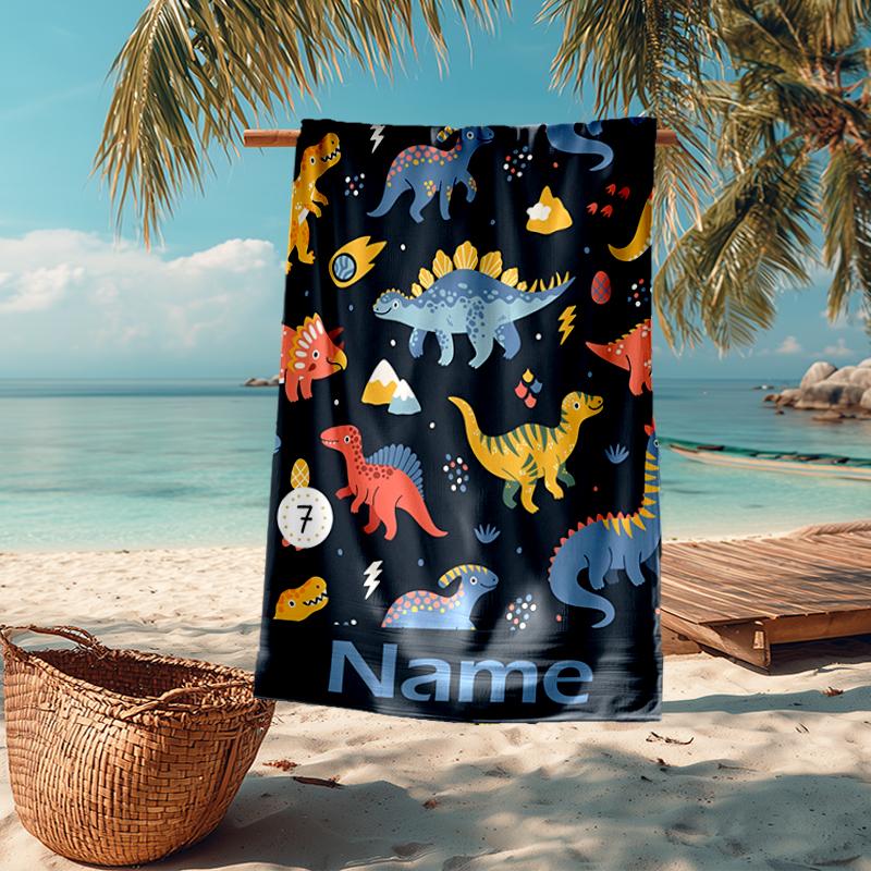 Custom Name Ultra-Soft Beach Towel with Dinosaur Theme,Ideal for Pool - Camping, Diving - Perfect Travel Essential, Vibrant Beach Towel.