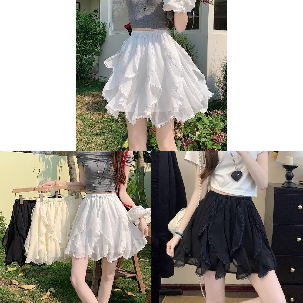 Irregular Lace Trim Puff Skirt With Splicing Detail For Summer Casual Wear